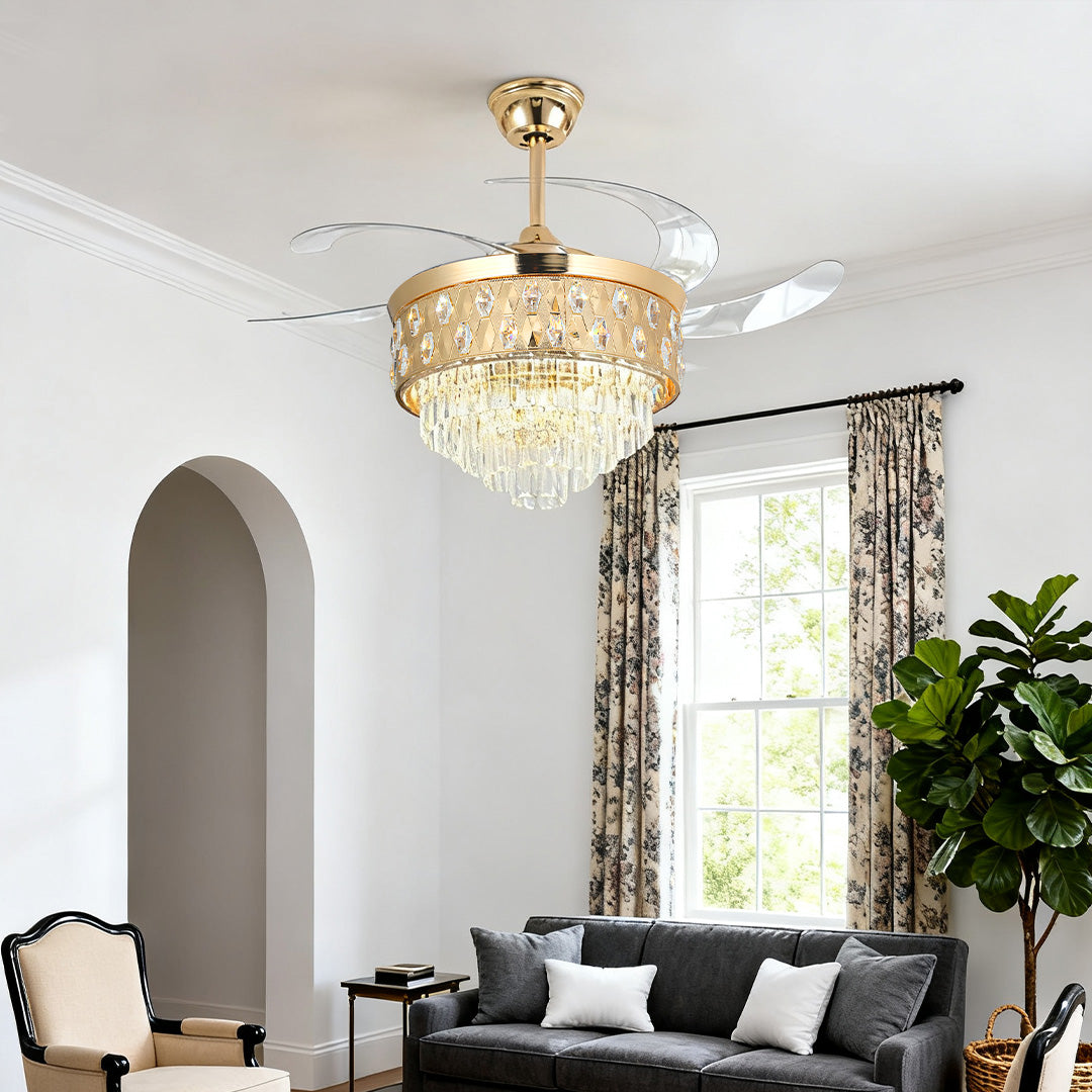Open-Box Ceiling Fans with Crystal Lights Luxury Gold Iron