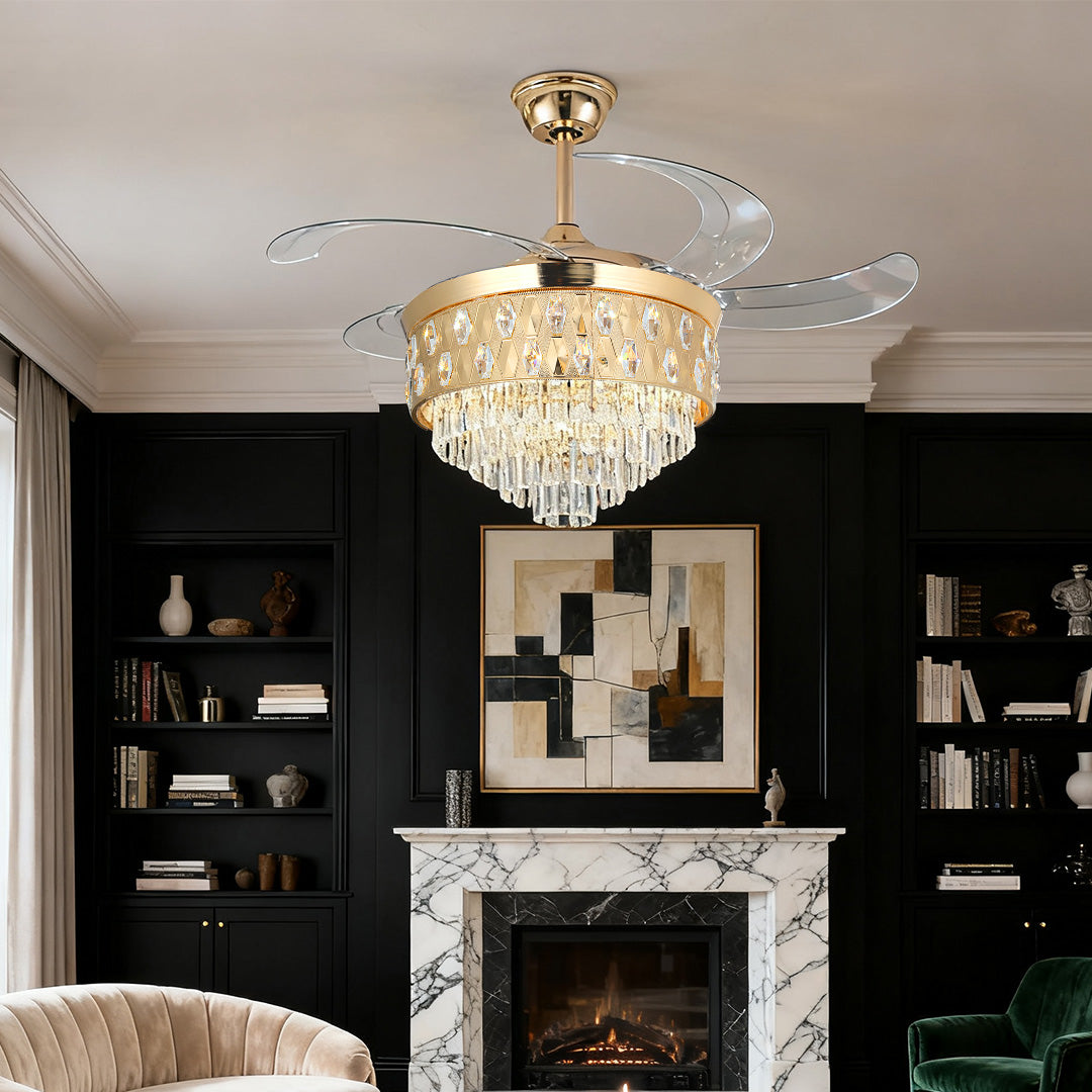 Open-Box Ceiling Fans with Crystal Lights Luxury Gold Iron