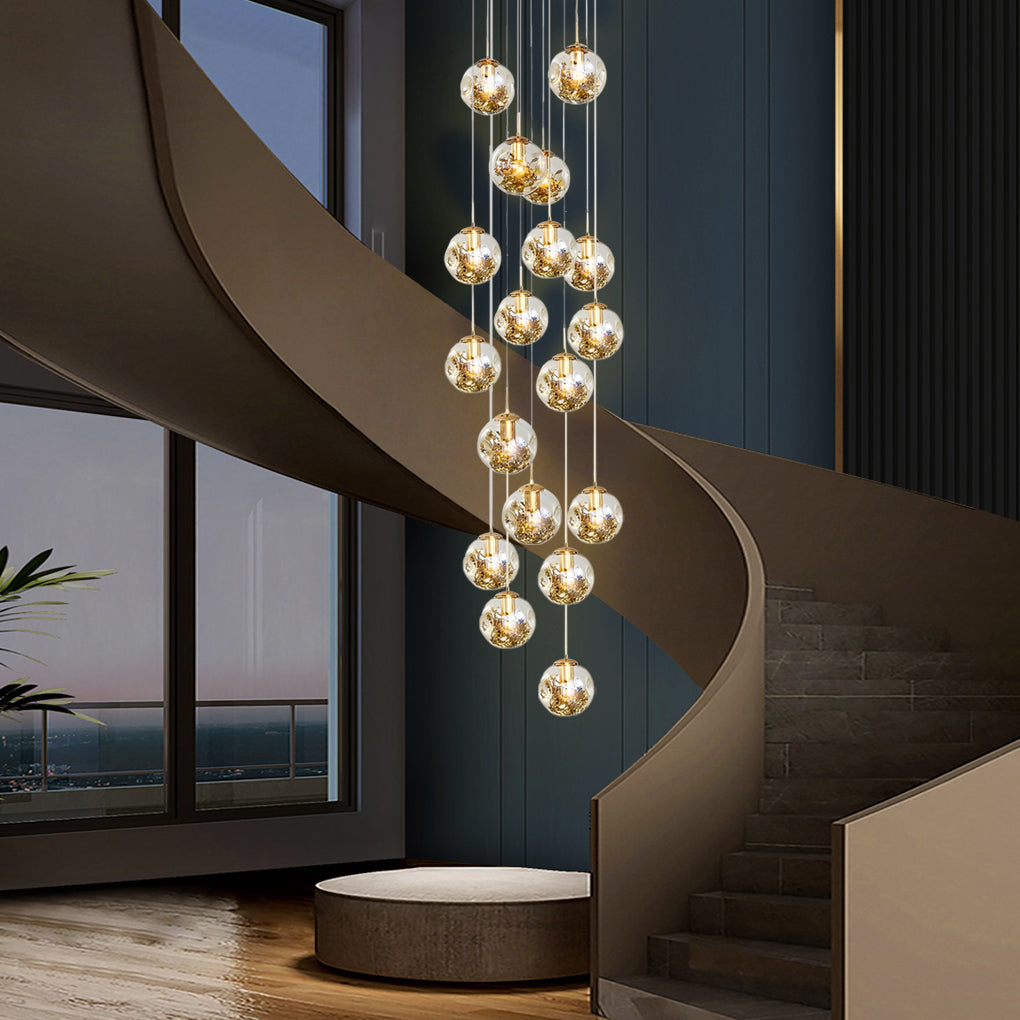[Open-Box]Gold Staircase Chandelier Cognac Glass Globe Ceiling Light