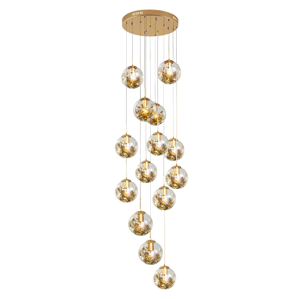 [Open-Box]Gold Staircase Chandelier Cognac Glass Globe Ceiling Light