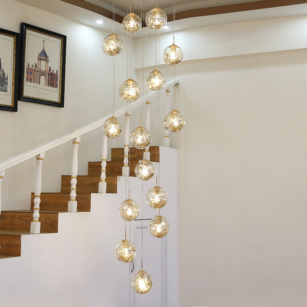 [Open-Box]Gold Staircase Chandelier Cognac Glass Globe Ceiling Light