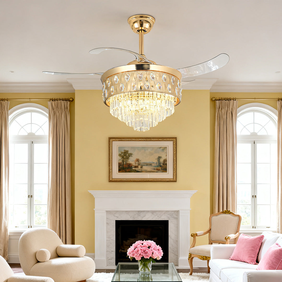 Open-Box Ceiling Fans with Crystal Lights Luxury Gold Iron