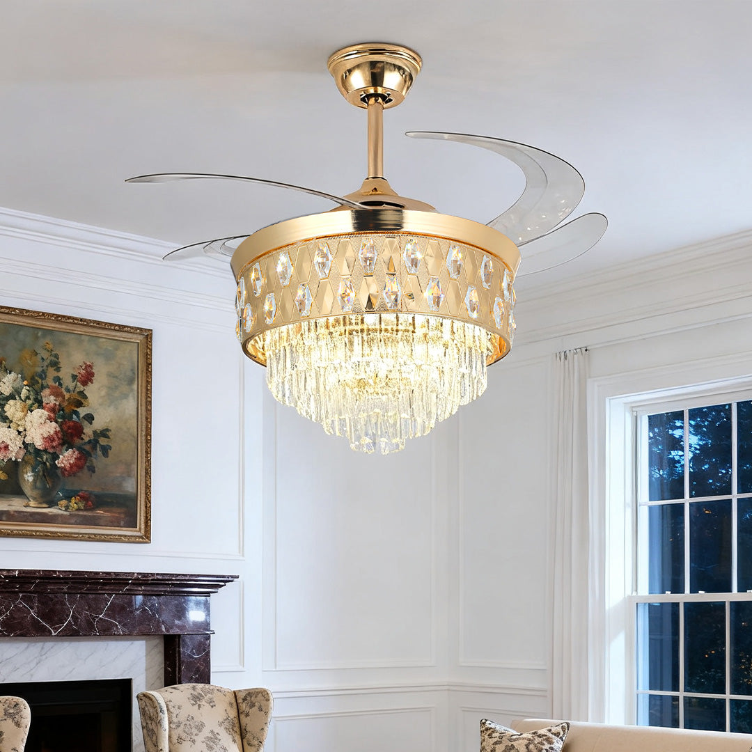 Open-Box Ceiling Fans with Crystal Lights Luxury Gold Iron
