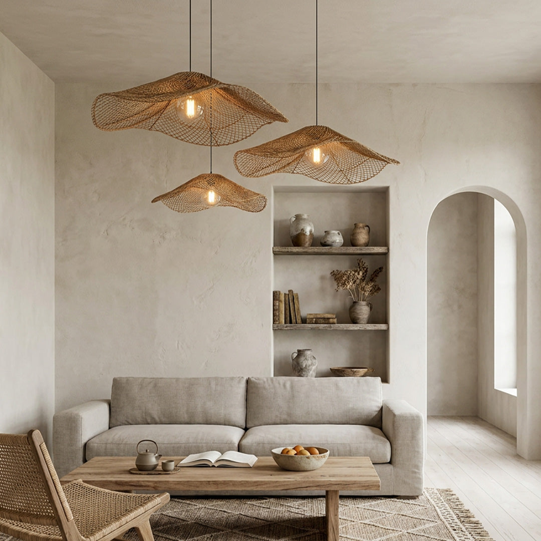 Rattan Pendant Light Fixture Wabi-Sabi Handwoven