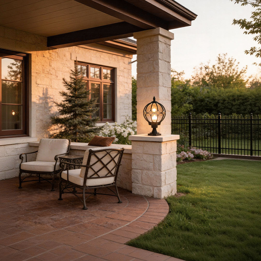 [Open-Box]Outdoor Globe Pillar Lights Retro Glass Globe Copper Fence Post Light
